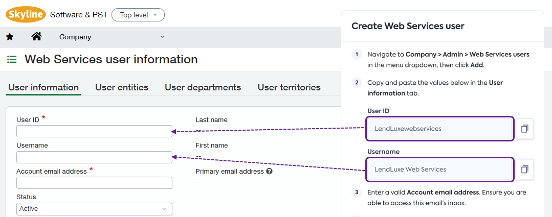 Screenshot of Sage Intacct interface displaying the Web Services user information window. Next to it, an image of the connection flow is added with User ID and Username fields visible. There are arrows showing the process of copying and pasting User ID and Username values from the flow to the Sage Intacct window.