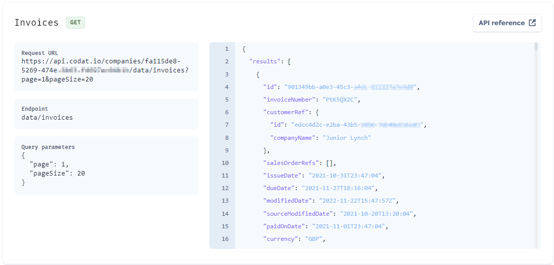 Invoices data type view of Codat's accounting API